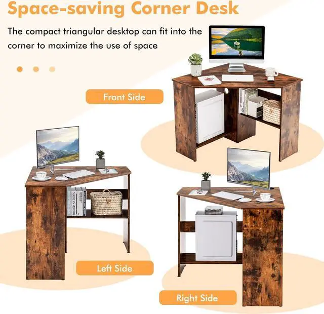 Alt view image 7 of 7 - COSTWAY Corner Computer Desk, Space-Saving Triangular Writing Desk w/ 2 Storage Shelves & 2 Cable Holes, Multi-Functional Console Table for Small Space in Home Office, Living Room, Bedroom (Coffee)