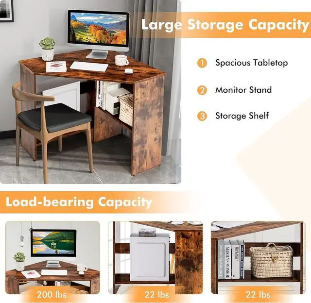 Alt view image 7 of 7 - COSTWAY Corner Computer Desk, Space-Saving Triangular Writing Desk w/ 2 Storage Shelves & 2 Cable Holes, Multi-Functional Console Table for Small Space in Home Office, Living Room, Bedroom (Coffee)