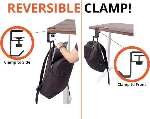 Alt view image 6 of 7 - Stand Up Desk Store Clamp-On Under Desk Headphone Hanger, Backpack Hook, and Purse Holder - Black