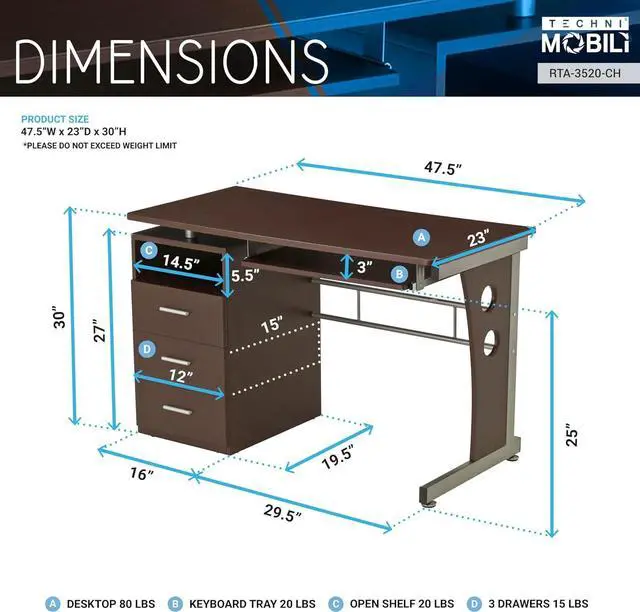 Alt view image 3 of 7 - Techni Mobili Computer Desk with Ample Storage, Chocolate, 30" x 22.75" x 47.25", Chocolat