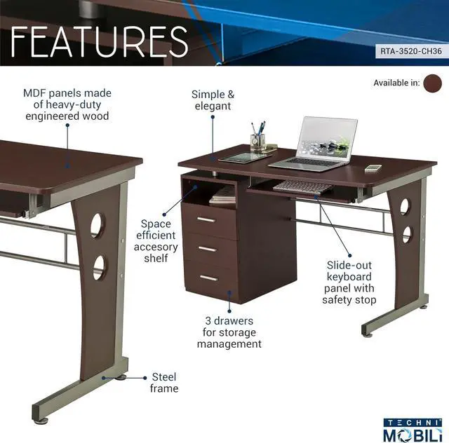 Alt view image 4 of 7 - Techni Mobili Computer Desk with Ample Storage, Chocolate, 30" x 22.75" x 47.25", Chocolat