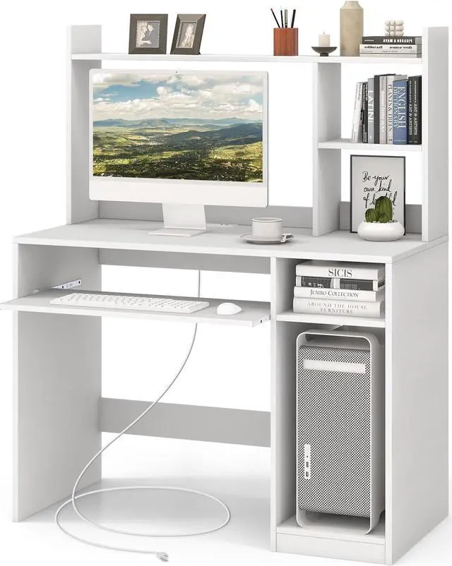 Main image of Tangkula White Desk with Hutch &Charging Station, Home Office Desk with Keyboard Tray & CPU Stand, Modern Laptop PC Desk, Space-Saving Writing Study Desk with Bookshelf, Ideal for Dorm Bedroom
