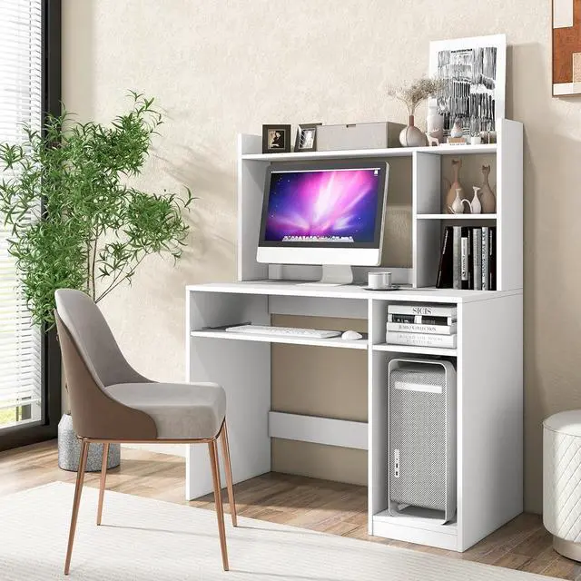 Alt view image 4 of 7 - Tangkula White Desk with Hutch &Charging Station, Home Office Desk with Keyboard Tray & CPU Stand, Modern Laptop PC Desk, Space-Saving Writing Study Desk with Bookshelf, Ideal for Dorm Bedroom