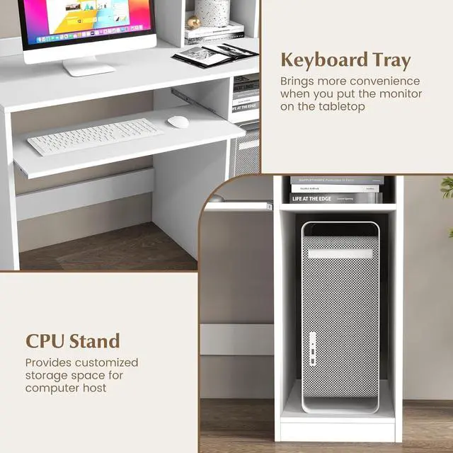 Alt view image 7 of 7 - IFANNY White Computer Desk with Hutch, Wood PC Desk w/Power Outlet, Keyboard Tray and CPU Stand, Modern Writing Desk with Bookshelf, Student Desk for Bedroom, Simple Work Desk for Home Office