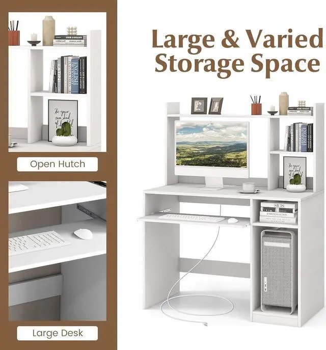 Alt view image 5 of 7 - IFANNY White Computer Desk with Hutch, Wood PC Desk w/Power Outlet, Keyboard Tray and CPU Stand, Modern Writing Desk with Bookshelf, Student Desk for Bedroom, Simple Work Desk for Home Office