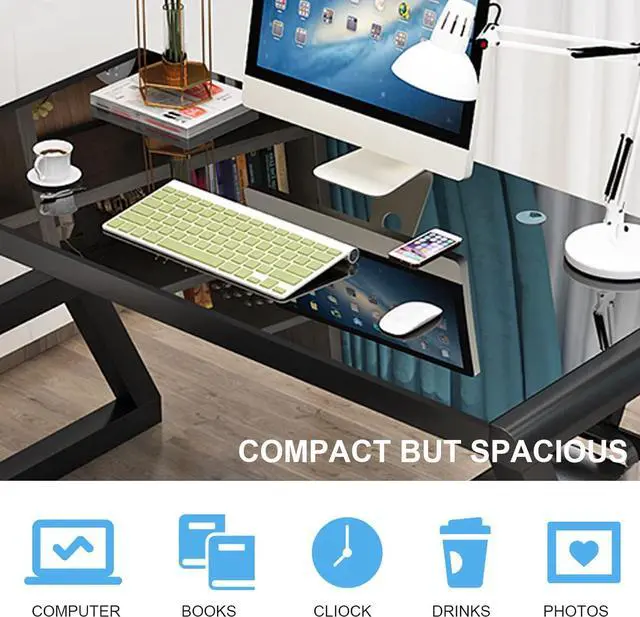 Alt view image 5 of 7 - IPKIG Glass Desk, Modern Computer Desk with Carbon Steel Frame and Glass Top, Home Office Desks Computer Table Study Writing Desk Workstation for Living Room, Black (55.1 Inch)