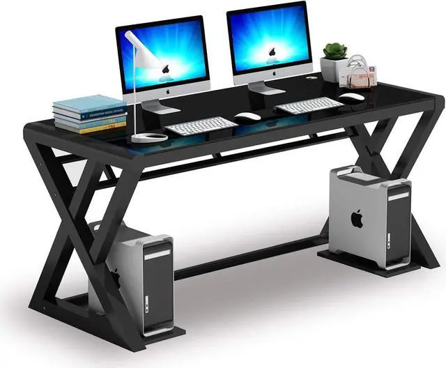 Alt view image 7 of 7 - IPKIG Glass Desk, Modern Computer Desk with Carbon Steel Frame and Glass Top, Home Office Desks Computer Table Study Writing Desk Workstation for Living Room, Black (55.1 Inch)
