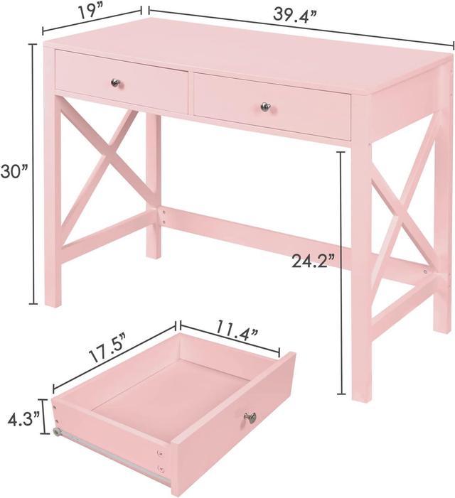 Usinso Pink Writing Computer Desk with Drawers,Small Modern Table