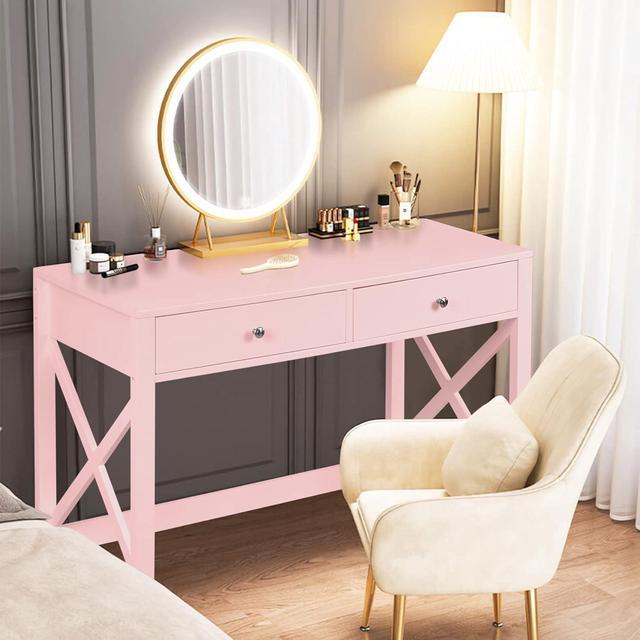 Usinso Pink Writing Computer Desk with Drawers,Small Modern Table