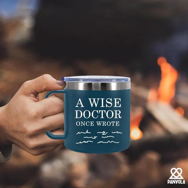 Alt view image 7 of 7 - A Wise Doctor Once Wrote Insulated Coffee Cup 14oz With Handle And Lid Doctor Gifts Physician Medical Student MD Dr Husband Wife Dad Mom Stainless Steel Vacuum Insulated Camping Travel Mug (Blue)