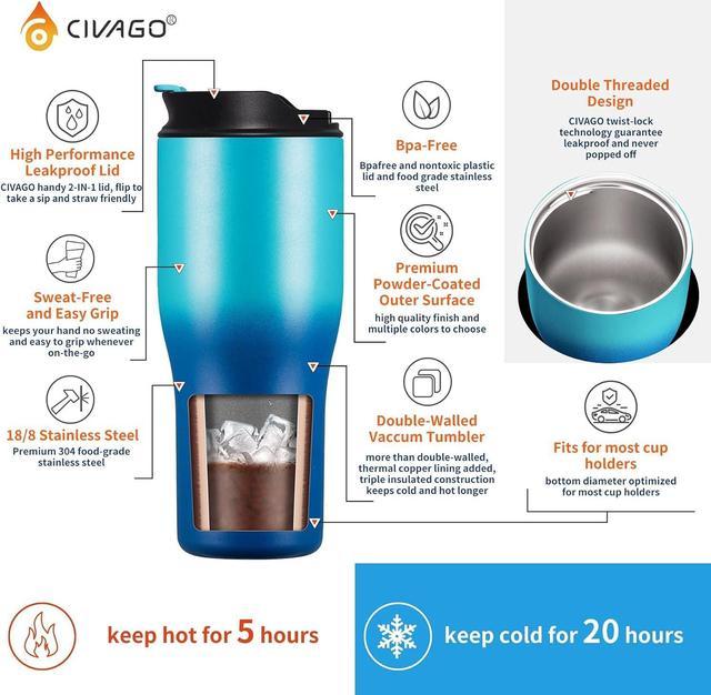 CIVAGO 30 oz Insulated Tumbler with Straw and Lid, Stainless Steel