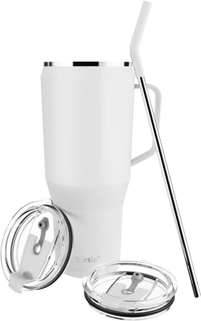 Sursip 50 oz Mug Tumbler With Handle And Straw,Vacuum Insulated Stainless  Steel Travel Mug with Lid,Fit in Car Cup Holder,No Sweat,Keep Drinks Cold  and Hot,Dishwasher Safe,Water CupWhite 
