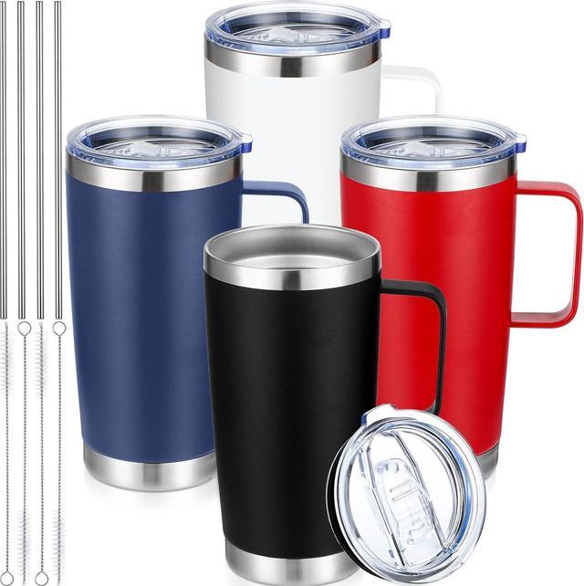 4 Pcs 20 oz Tumbler Mug with Lid and Straw, Insulated Travel Coffee Mug  with Handle, Double Wall Vacuum Travel Mug Stainless Steel Sublimation Tumbler  Thermal Cups, Black, Blue, White, Red 