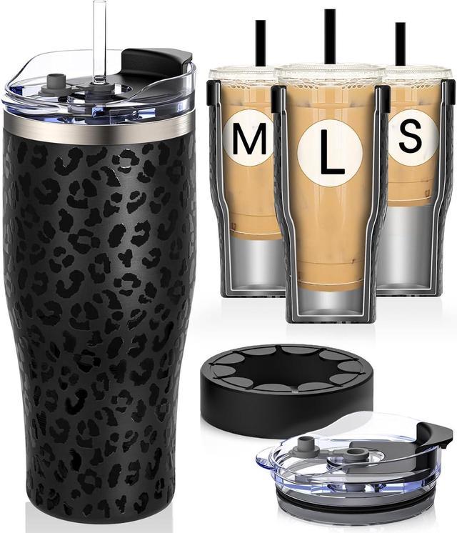 Tumbler with Lid and Straw - 32 oz Insulated Tumblers Stainless Steel  Reusable Iced Coffee Sleeve Cup Insulator for Cold Drinks Small Medium  Large Dunkin Donuts Starbucks McDonalds (Black Leopard) 