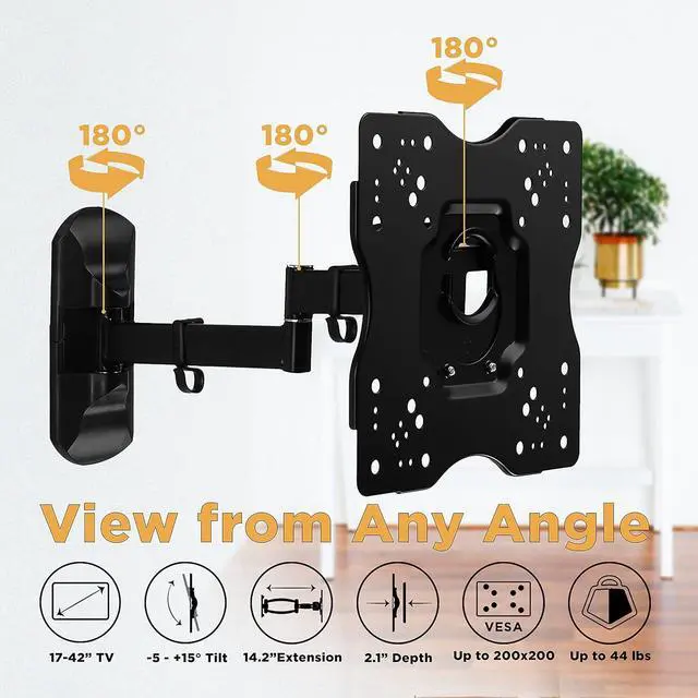 Alt view image 3 of 7 - Promounts Full Motion TV Mount, Tilt & 180° Swivel Articulating TV Wall Mount for Most 17-42 Inch Flat Curved Screen LED LCD OLED TVs, Long Arm Bracket Extend to 14.2", Max VESA 200x200