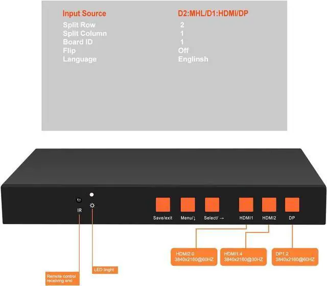 Alt view image 6 of 7 - 4K Video Wall Controller, 1x2 TV Wall Processor Input Support 3840x2160@60HZ /30HZ DP1.2 Signal, Support Each Output 1920x1080/60HZ, Real 4K Resolution