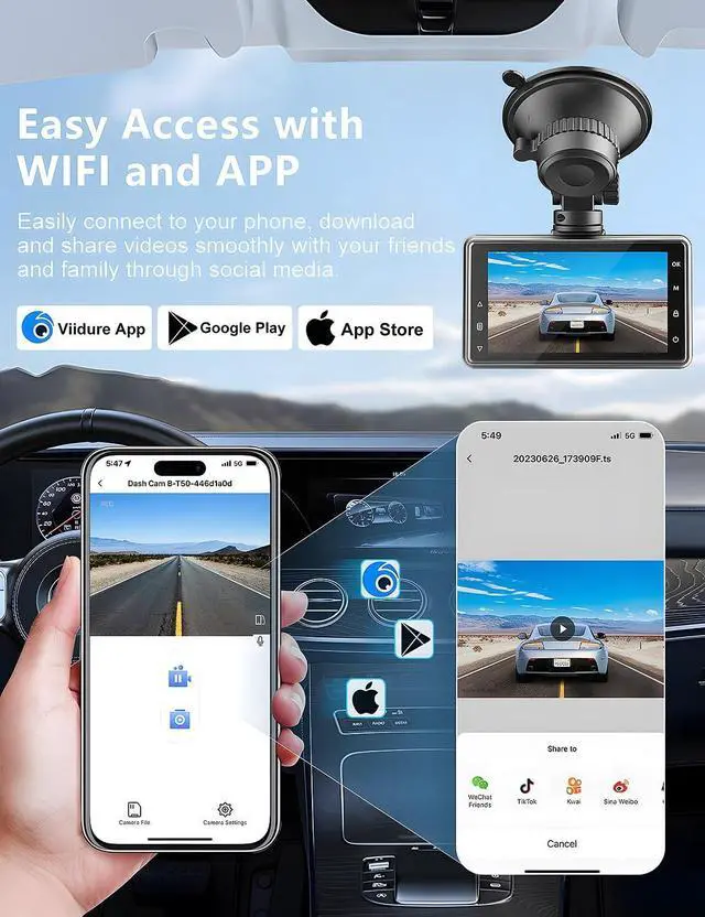 Alt view image 4 of 7 - Dash Cam Front and Rear Camera, Otovoda 3Inch Screen WiFi Dash cam, 2.5K+1080P Dash Camera for Cars, Dashboard Camera with Free 64GB SD Card, Type-C Port, Parking Monitor, Super Night Vision