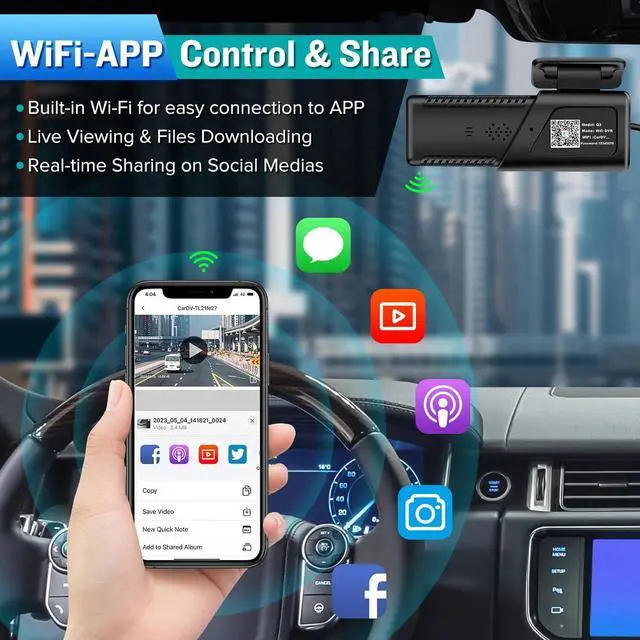 Alt view image 4 of 7 - Dash Cam, WiFi FHD 1080P Dash Camera for Cars, Mini Car Camera, Dash Cam Front with Free 64GB SD Card, 160° Wide Angle, Night Vision, Loop Recording, 24H Parking Monitor, Support 128GB Max