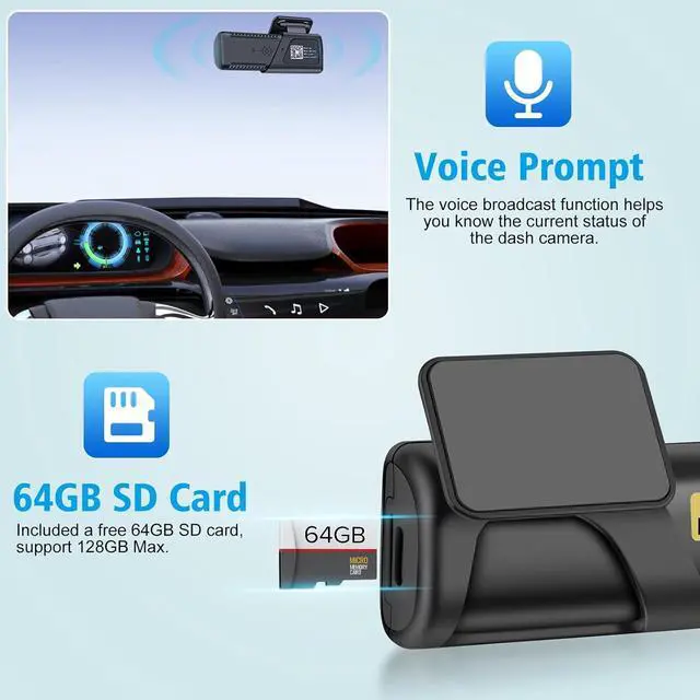 Alt view image 7 of 7 - Dash Cam, WiFi FHD 1080P Dash Camera for Cars, Mini Car Camera, Dash Cam Front with Free 64GB SD Card, 160° Wide Angle, Night Vision, Loop Recording, 24H Parking Monitor, Support 128GB Max