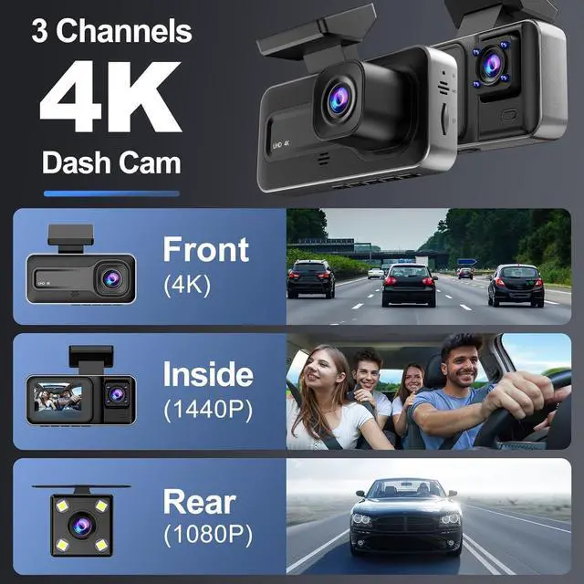 Alt view image 3 of 7 - 3 Channel 4K Dash Cam, Dash Camera for Cars with Free 64GB SD Card, 4K+1080P+1440P Dash Cam Front and Rear Inside, Super Night Vision, Loop Recording, G-Sensor, Motion Detection, 24 Hours Parking Mode