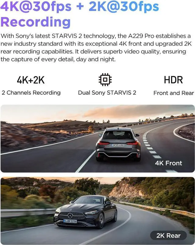 Alt view image 2 of 7 - A229 Pro 4K HDR Dash Cam, Dual STARVIS 2 IMX678 IMX675, 4K+2K Front and Rear Car Camera, 2 Channel with HDR, Voice Control, 5GHz WiFi GPS, Night Vision 2.0, 24H Parking Mode, Support 512GB Max