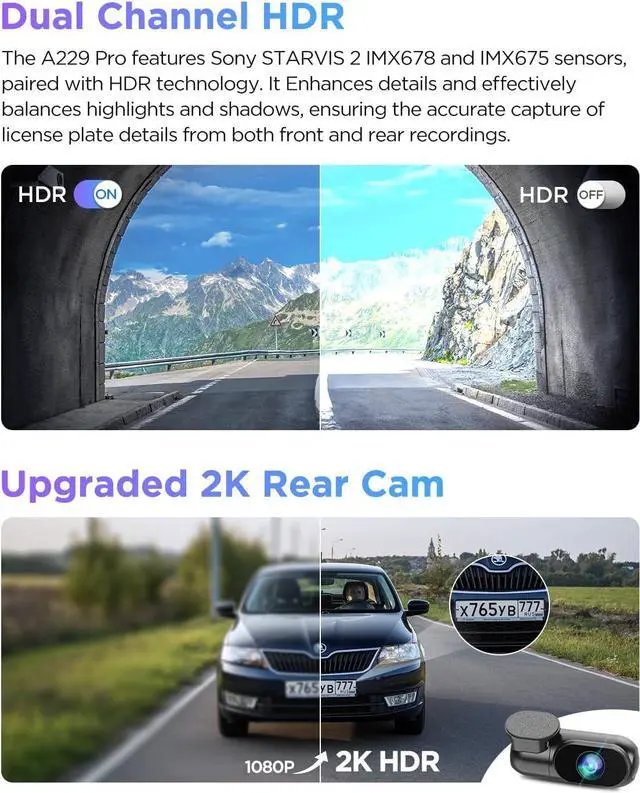Alt view image 4 of 7 - A229 Pro 4K HDR Dash Cam, Dual STARVIS 2 IMX678 IMX675, 4K+2K Front and Rear Car Camera, 2 Channel with HDR, Voice Control, 5GHz WiFi GPS, Night Vision 2.0, 24H Parking Mode, Support 512GB Max