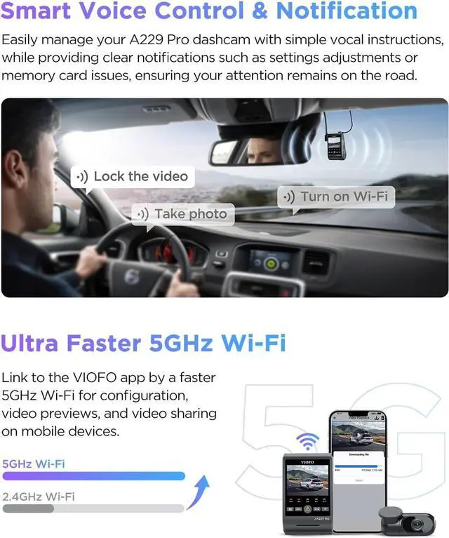 Alt view image 5 of 7 - A229 Pro 4K HDR Dash Cam, Dual STARVIS 2 IMX678 IMX675, 4K+2K Front and Rear Car Camera, 2 Channel with HDR, Voice Control, 5GHz WiFi GPS, Night Vision 2.0, 24H Parking Mode, Support 512GB Max
