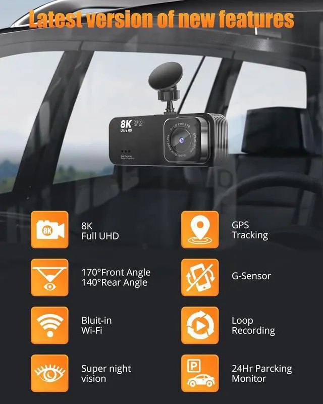 Alt view image 6 of 7 - Dash Camera for Cars, 8K Full UHD Dash Cam Front and Rear Inside with App,Car Camera with Free 32GB SD Card,Built-in Wi-Fi GPS,3.16IPS Screen,170°Wide Angle,WDR,24H Parking Mode,Night Vision