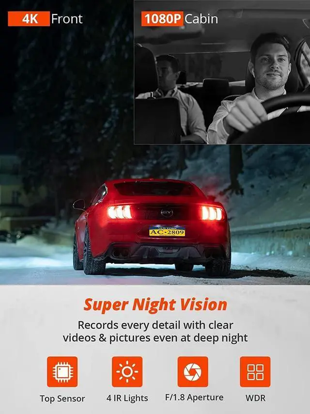 Alt view image 4 of 6 - D6-4K Dual Dash Cam - WiFi & GPS 4K Front and 1080P Inside Type-C Uber Car Camera with Super Night Vision and 24-Hour Parking Monitor, 3 Channel Dash Cam Optional, Black