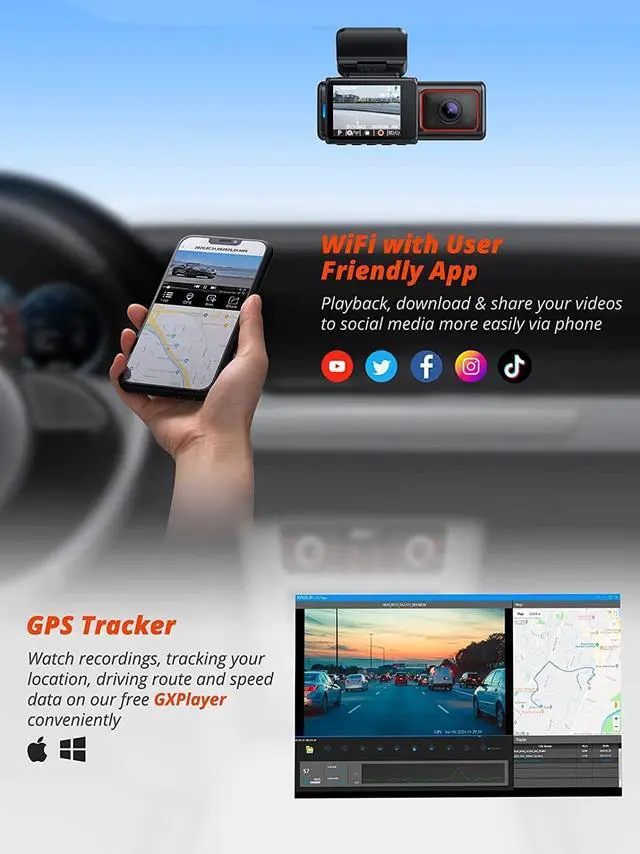 Alt view image 5 of 6 - D6-4K Dual Dash Cam - WiFi & GPS 4K Front and 1080P Inside Type-C Uber Car Camera with Super Night Vision and 24-Hour Parking Monitor, 3 Channel Dash Cam Optional, Black