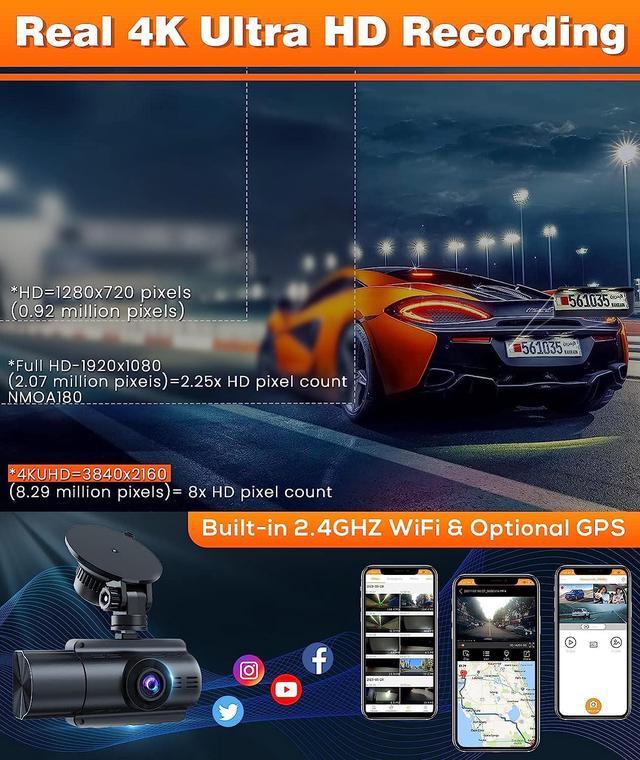 Moplasz 3 Channel 4K Dash Cam Built-in WiFi GPS, Full HD 4K+2K Front and  Rear Dash Camera for Cars, 2K+1080P+2K Three Way Camera,170° Wide Angle