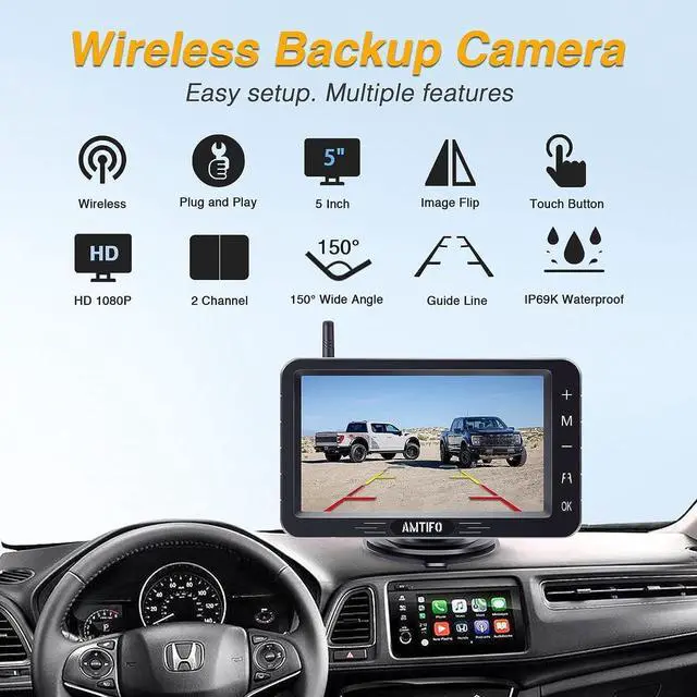 Alt view image 2 of 7 - AMTIFO Wireless Backup Camera Touch Key - 5 Inch Split Screen Monitor Truck Rear View Camera Waterproof Clear Night Vision Car Rever Camera System DIY Guide Lines A6