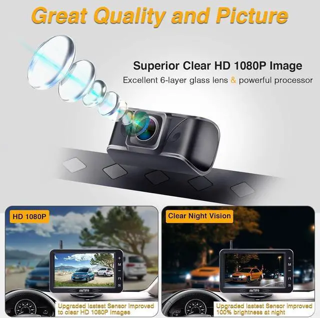 Alt view image 4 of 7 - AMTIFO Wireless Backup Camera Touch Key - 5 Inch Split Screen Monitor Truck Rear View Camera Waterproof Clear Night Vision Car Rever Camera System DIY Guide Lines A6