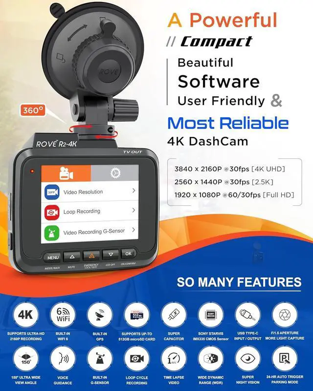 Alt view image 2 of 7 - R2-4K Dash Cam Built-in WiFi GPS Car Dashboard Camera Recorder with UHD 2160P, 2.4" IPS Screen, 150° Wide Angle, WDR, Night Vision