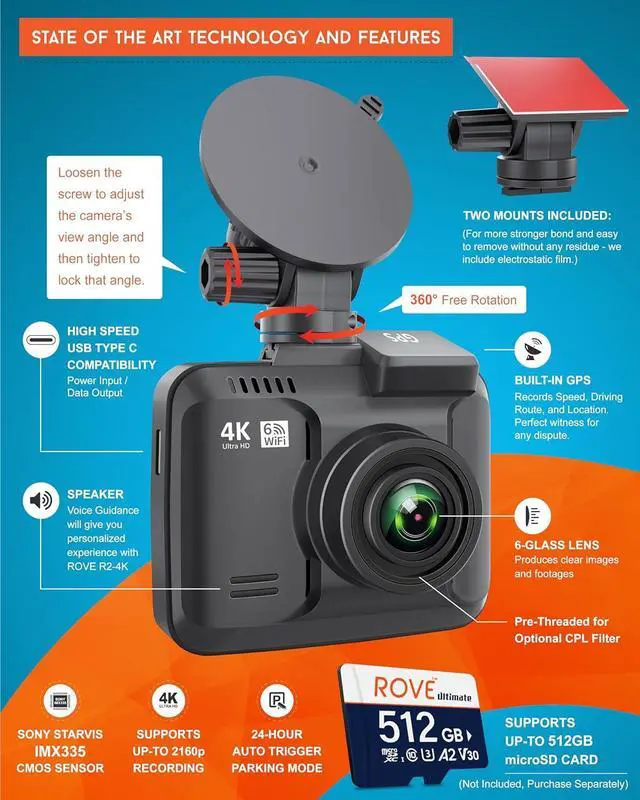 Alt view image 3 of 7 - R2-4K Dash Cam Built-in WiFi GPS Car Dashboard Camera Recorder with UHD 2160P, 2.4" IPS Screen, 150° Wide Angle, WDR, Night Vision