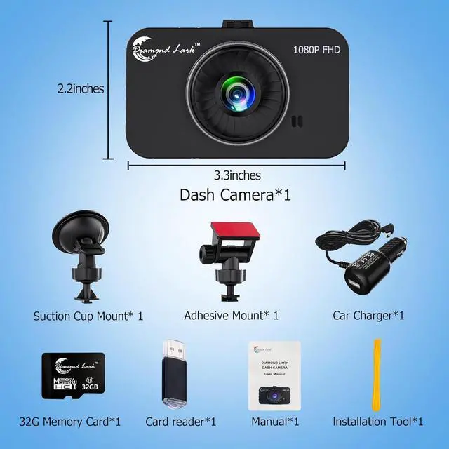 Alt view image 6 of 6 - 1080P Full HD Dash Camera for Cars, Diamond Lark Dash Cam Front with 32G SD Card, 3LCD Screen, 170°Wide Angle, Dashboard DashCam with Loop Recording, HDR, Night Vision, G-Sensor, Parking Monitor