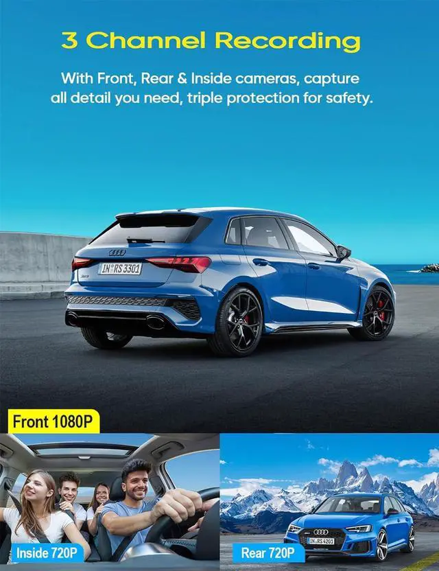 Alt view image 2 of 7 - 3 Channel Dash Cam Front and Rear Inside, 1080P Dash Camera for Cars, Dashcam Three Way Triple Car Camera with IR Night Vision, Loop Recording, G-Sensor, 24 Hours Recording, Support 128 GB Max