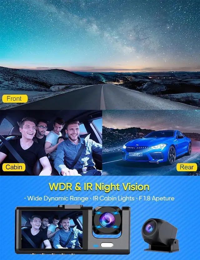Alt view image 5 of 7 - 3 Channel Dash Cam Front and Rear Inside, 1080P Dash Camera for Cars, Dashcam Three Way Triple Car Camera with IR Night Vision, Loop Recording, G-Sensor, 24 Hours Recording, Support 128 GB Max