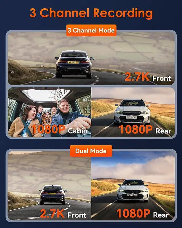 Alt view image 2 of 7 - E3 3 Channel 2.7K WiFi Front and Rear Inside Dash Cam, 3 Way Triple GPS Dash Camera 1944P+1080P+1080P with STARVIS IR Night Vision, Voice Control, 24 Hours Parking Mode, Support 512GB Max