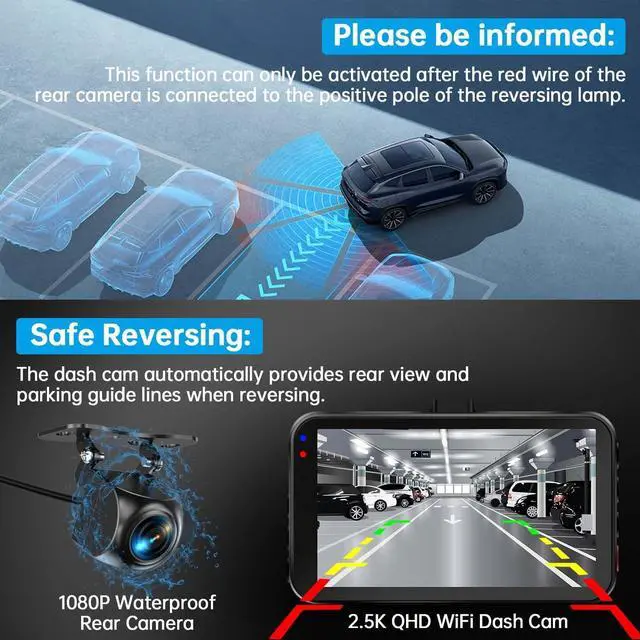 Alt view image 2 of 7 - Dash Cam Front and Rear, Dash Camera for Cars WiFi/APP Control Dual Dashcam W/ 64GB Card, 2.5K Dash Cam Front+1080P Rear Car Camera W/Super Night Vision, Loop Recording, G-Sensor, Max Support 256GB