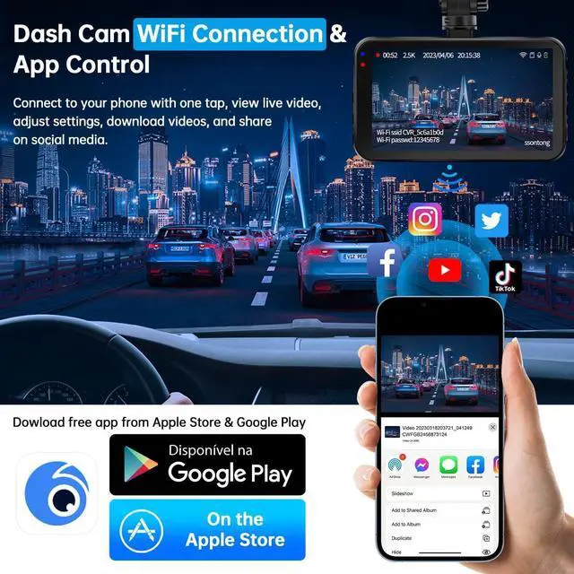 Alt view image 3 of 7 - Dash Cam Front and Rear, Dash Camera for Cars WiFi/APP Control Dual Dashcam W/ 64GB Card, 2.5K Dash Cam Front+1080P Rear Car Camera W/Super Night Vision, Loop Recording, G-Sensor, Max Support 256GB