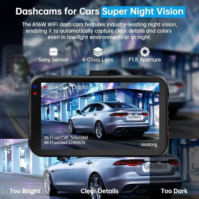 Alt view image 4 of 7 - Dash Cam Front and Rear, Dash Camera for Cars WiFi/APP Control Dual Dashcam W/ 64GB Card, 2.5K Dash Cam Front+1080P Rear Car Camera W/Super Night Vision, Loop Recording, G-Sensor, Max Support 256GB