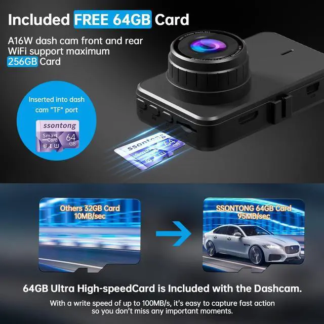Alt view image 5 of 7 - Dash Cam Front and Rear, Dash Camera for Cars WiFi/APP Control Dual Dashcam W/ 64GB Card, 2.5K Dash Cam Front+1080P Rear Car Camera W/Super Night Vision, Loop Recording, G-Sensor, Max Support 256GB