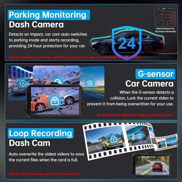 Alt view image 6 of 7 - Dash Cam Front and Rear, Dash Camera for Cars WiFi/APP Control Dual Dashcam W/ 64GB Card, 2.5K Dash Cam Front+1080P Rear Car Camera W/Super Night Vision, Loop Recording, G-Sensor, Max Support 256GB