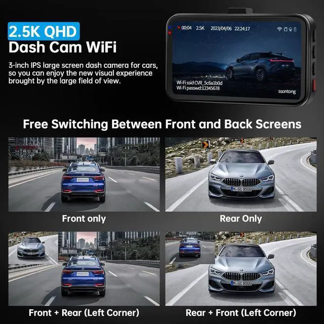 Alt view image 7 of 7 - Dash Cam Front and Rear, Dash Camera for Cars WiFi/APP Control Dual Dashcam W/ 64GB Card, 2.5K Dash Cam Front+1080P Rear Car Camera W/Super Night Vision, Loop Recording, G-Sensor, Max Support 256GB