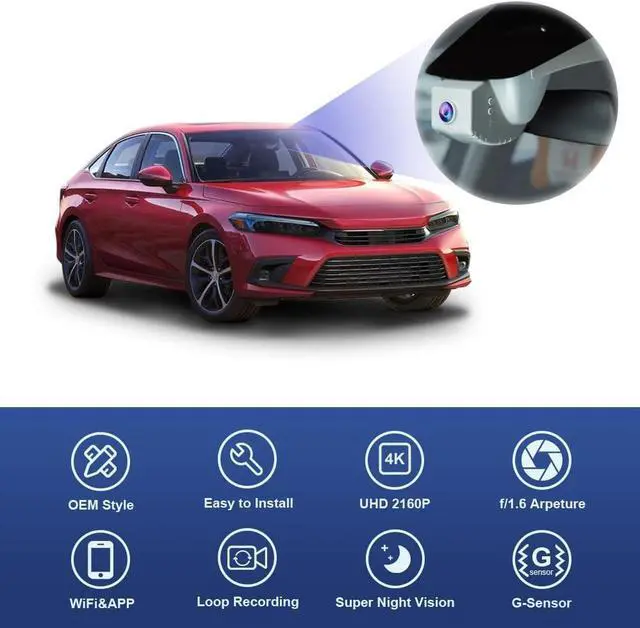 Alt view image 3 of 7 - Fitcamx 4K Dash Cam Suitable for Honda Civic 2022-2026 & Type R Si (Black Cover), OEM Factory Look, UHD 2160P Video, Built-in WiFi & APP, Loop Recording, Gravity Sensor, Easy to Install, 64GB Card