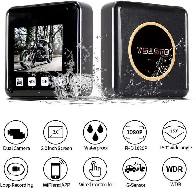 Alt view image 2 of 7 - VSYSTO WiFi Motorcycle Dash Cam, 2 Inch Screen All Waterproof HD 1080P WDR SONYIMX307 150° Wide Angle Fisheye Lens Front and Rear Camera with GPS, Night Vision, G-Sensor, Loop Recording (Black-2Inch)