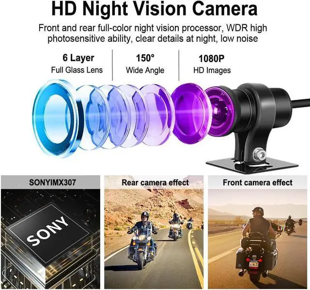 Alt view image 3 of 7 - VSYSTO WiFi Motorcycle Dash Cam, 2 Inch Screen All Waterproof HD 1080P WDR SONYIMX307 150° Wide Angle Fisheye Lens Front and Rear Camera with GPS, Night Vision, G-Sensor, Loop Recording (Black-2Inch)