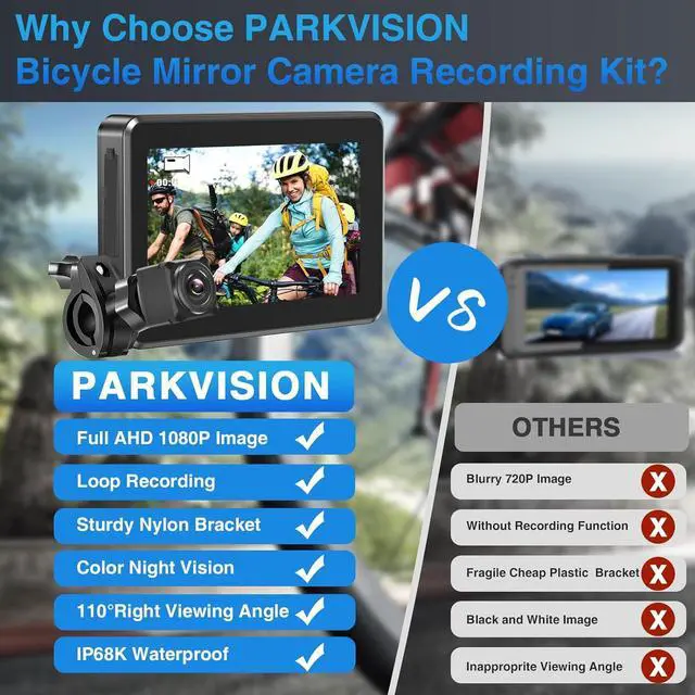Alt view image 3 of 7 - PARKVISION Bicycle Rear View Camera Recorder, 1080P Handlebar Bike Camera with 4.3'' HD Monitor, 64GB TF Card, 110° Angle View, Night Vision, Backup/Front View Camera for Mountains,Ebikes