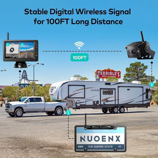Alt view image 2 of 7 - Backup Camera for RV, Split Screen 5 Inch HD Monitor W/Wireless License Plate Backup Camera & Wireless Rear View Camera, IR Night Vision Waterproof For Trailer, 5th Wheel